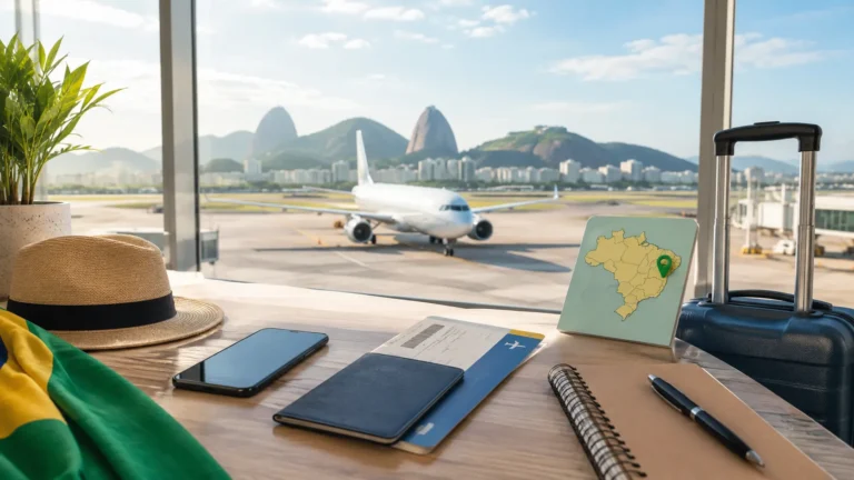 Domestic flight travel scene at a Brazilian airport.