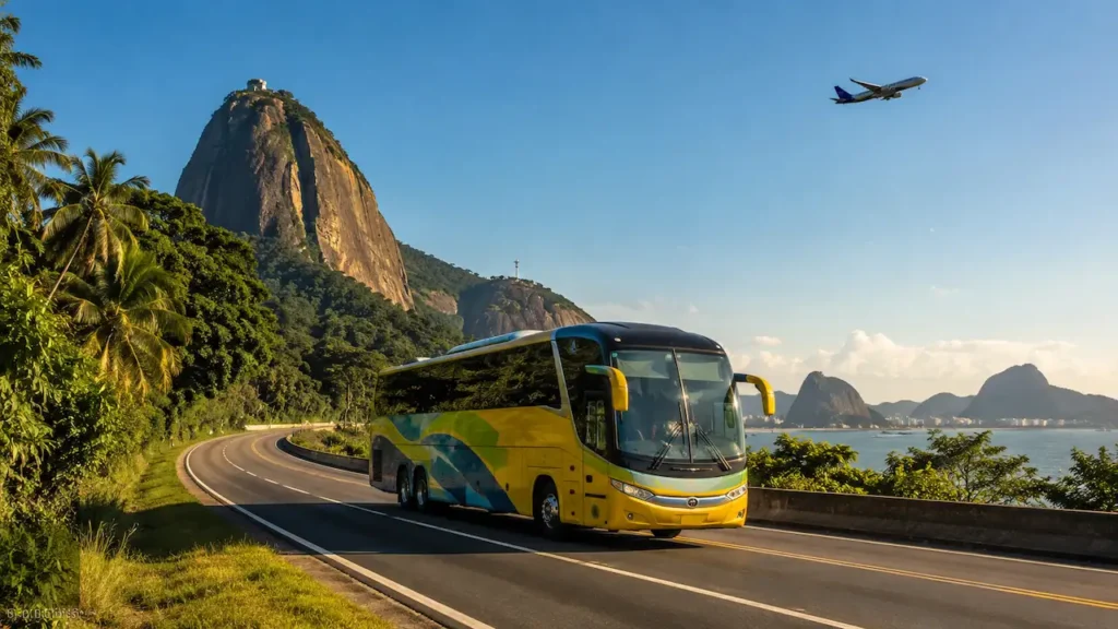 Bus and airplane on a Brazilian highway, representing transportation options for tourists in Brazil.