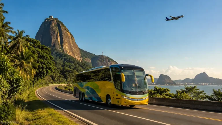 Bus and airplane on a Brazilian highway, representing transportation options for tourists in Brazil.