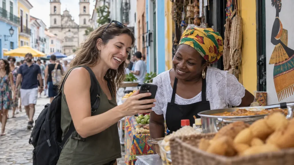 Tourist showing a translation app on her smartphone to a smiling local vendor on a colorful Brazilian street.