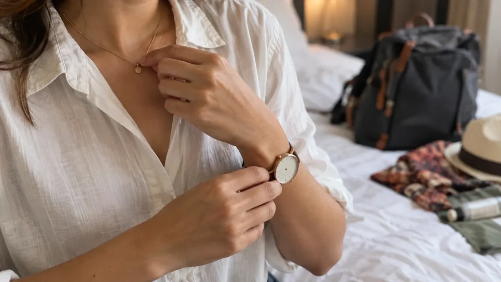 Woman adjusting a simple necklace and wristwatch in a hotel room with a backpack in the background.