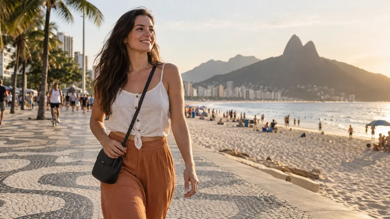 Solo female traveler walking in Rio de Janeiro at sunset
